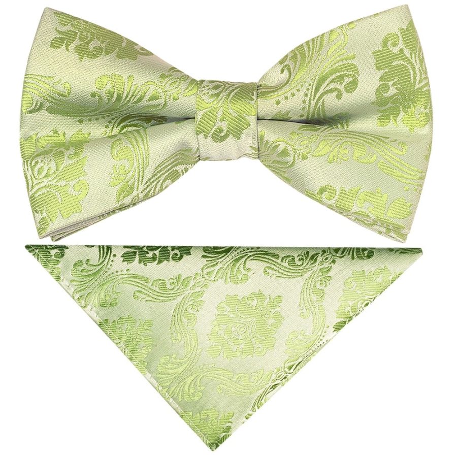 Pre Tied Sage Green Paisley Boys Bow Tie and Pocket Square