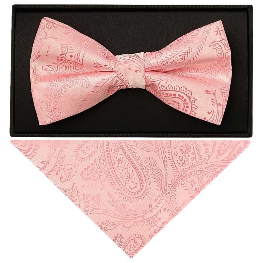 Light Pink Paisley Handmade Mens Bow Tie and Pocket Square Set