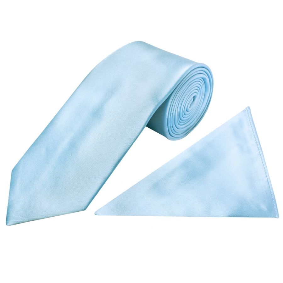 Plain Sky Blue Satin Classic Men's Tie and Pocket Square Set
