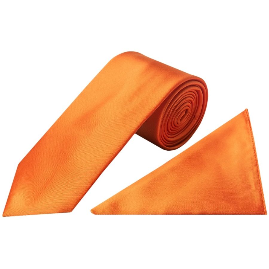 Plain Orange Satin Classic Men's Tie and Pocket Square Set