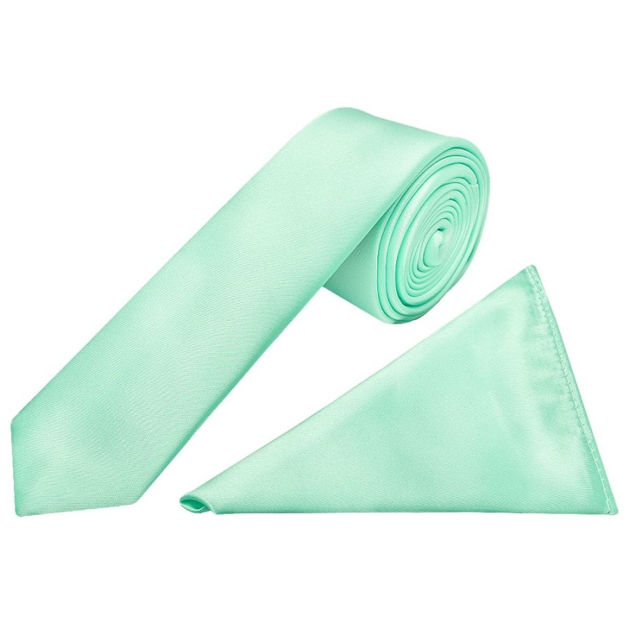 Plain Mint Green Satin Skinny Boys Tie and Pocket Square Set