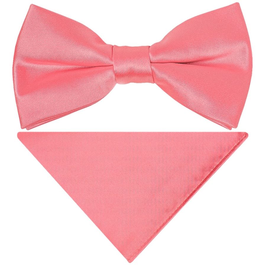 Pre Tied Light Coral Pink Satin Boys Bow Tie and Pocket Square Set