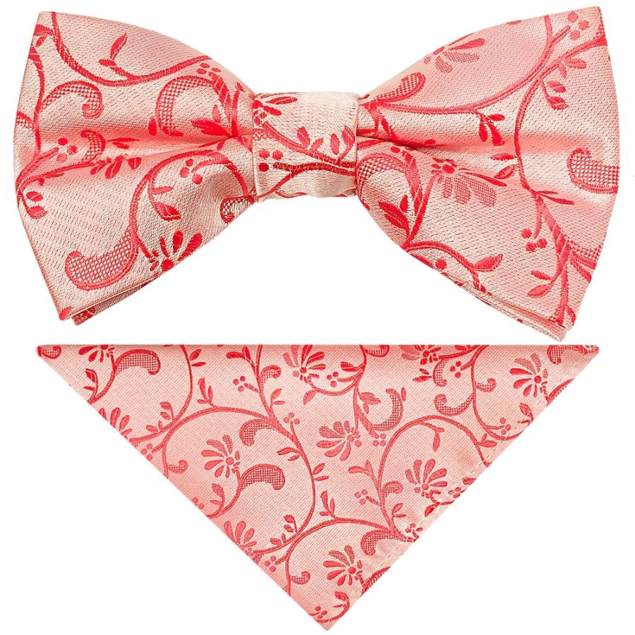 Pre Tied Coral Pink Floral Boys Bow Tie and Pocket Square Set