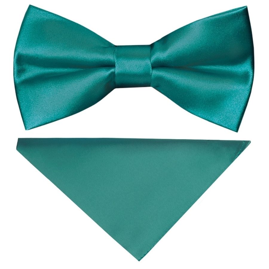 Pre Tied Teal Satin Boys Bow Tie and Pocket Square Set Age 4-7
