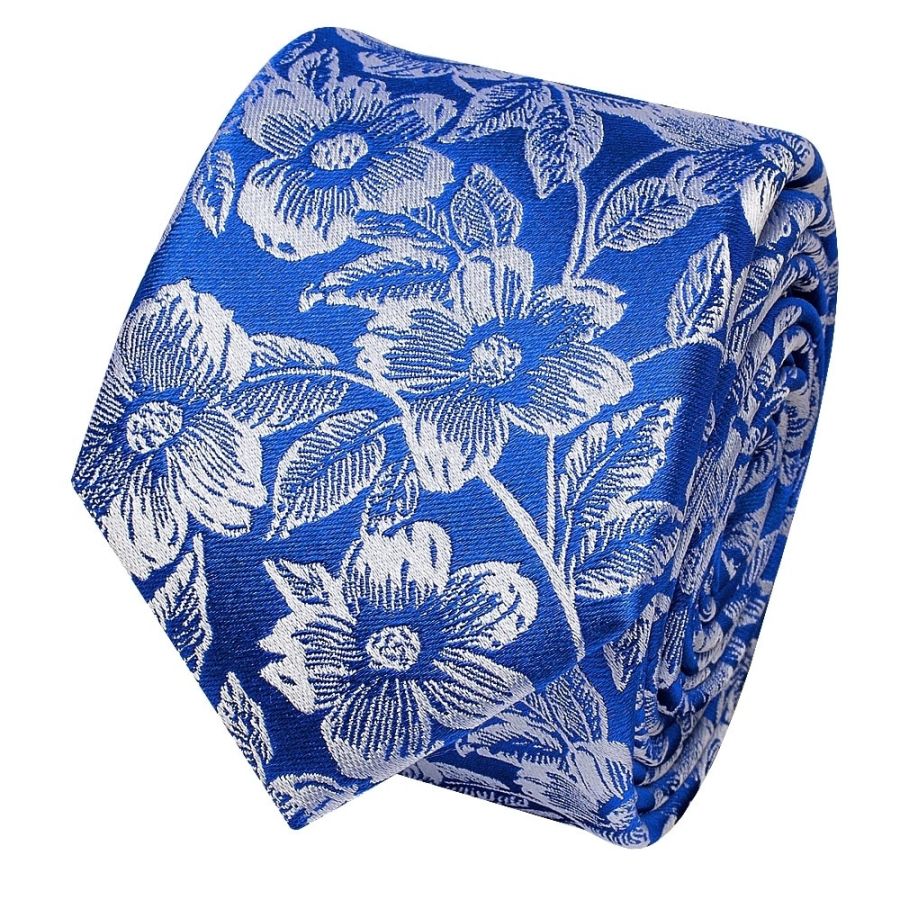 Mens Royal Blue Floral Silk Skinny Tie and Pocket Square