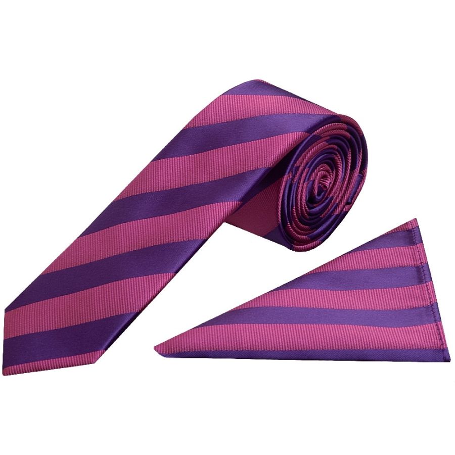 Purple and Pink Striped Skinny Men's Tie and Pocket Square Set
