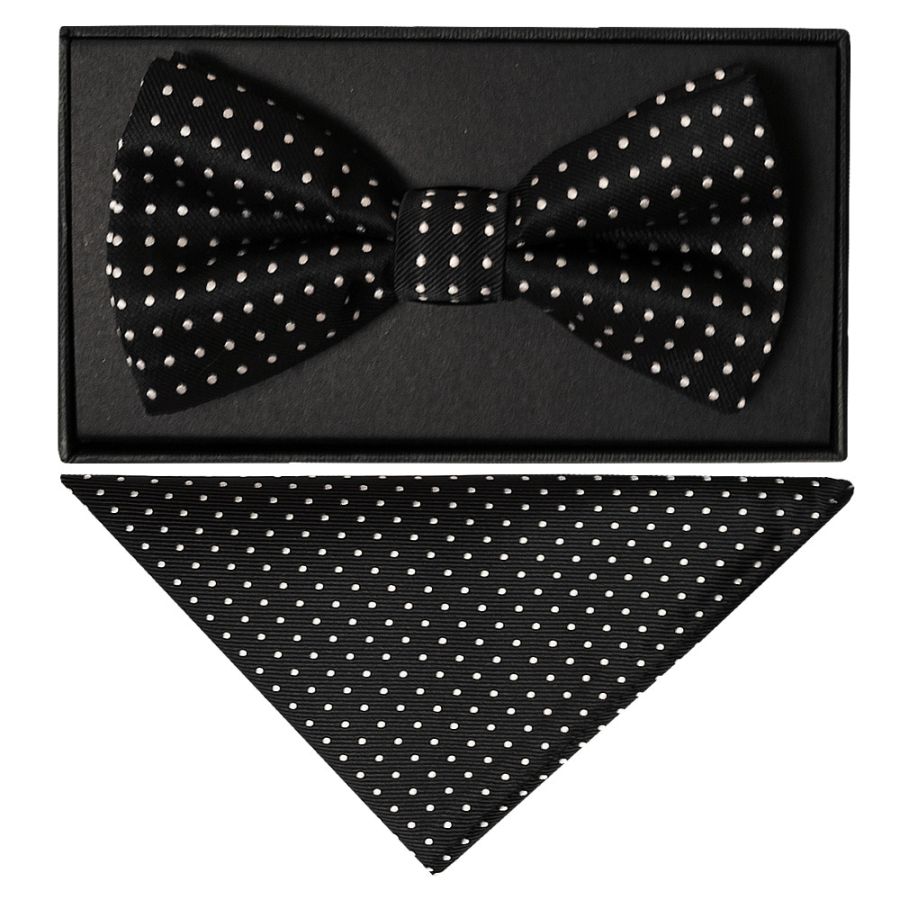 Hand Made Black And White Polka Dot Mens Bow Tie and Pocket Square Set