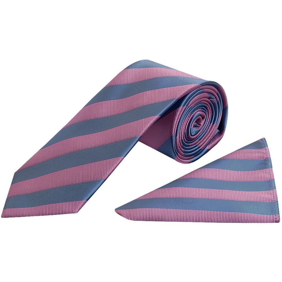 Pink and Light Blue Striped Classic Men's Tie and Pocket Square Set
