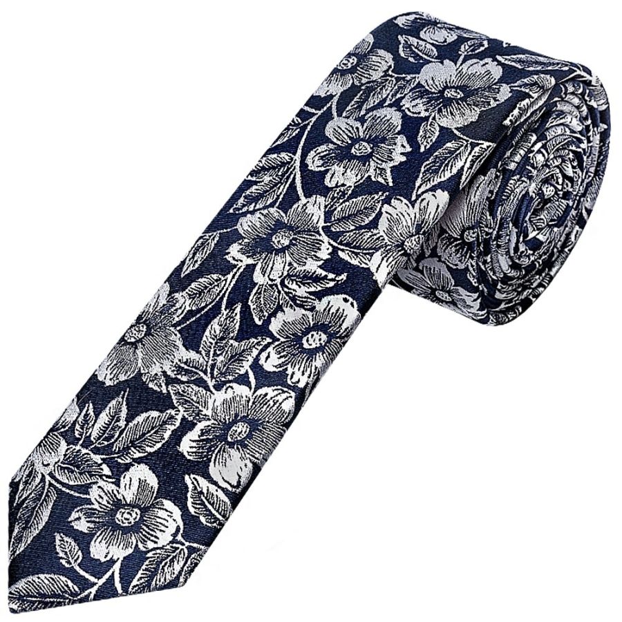 Mens Navy Floral Silk Skinny Tie and Pocket Square