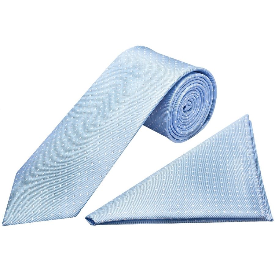 Light Blue and White Polka Dot Classic Men's Tie Pocket Square Set