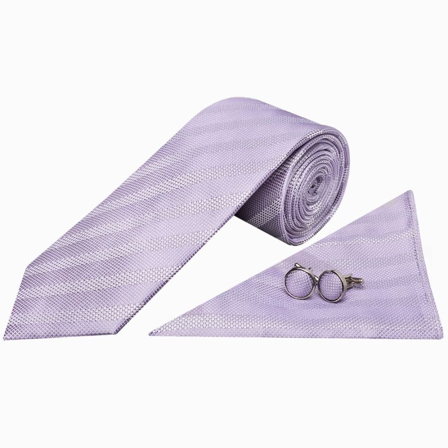 Mens Lilac Textured Stripe Silk Classic Tie Pocket Square and Cufflinks Box Set