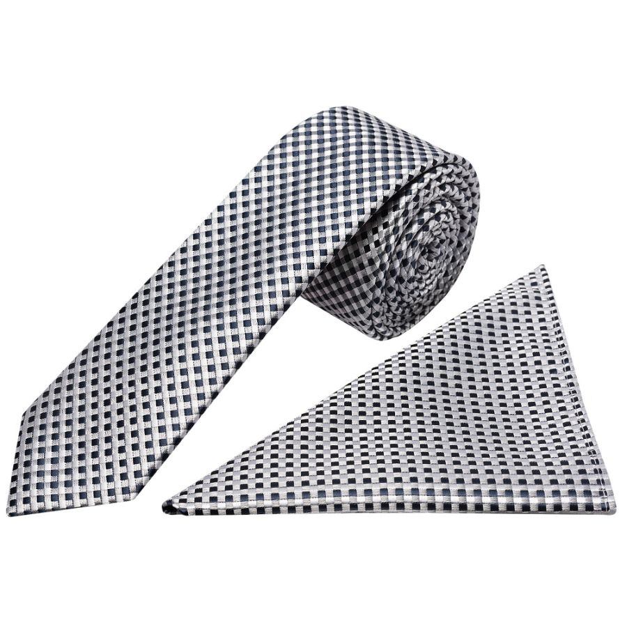 Silver Diamond Neat Skinny Men's Tie and Pocket Square Set