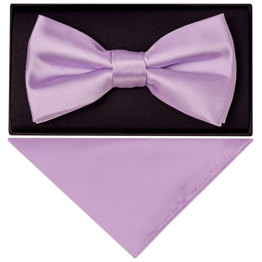 Plain Lilac Hand Made Mens Bow Tie and Pocket Square Set