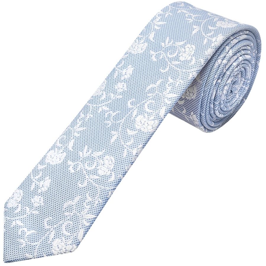 Sky Blue and White Floral Skinny Boys Tie