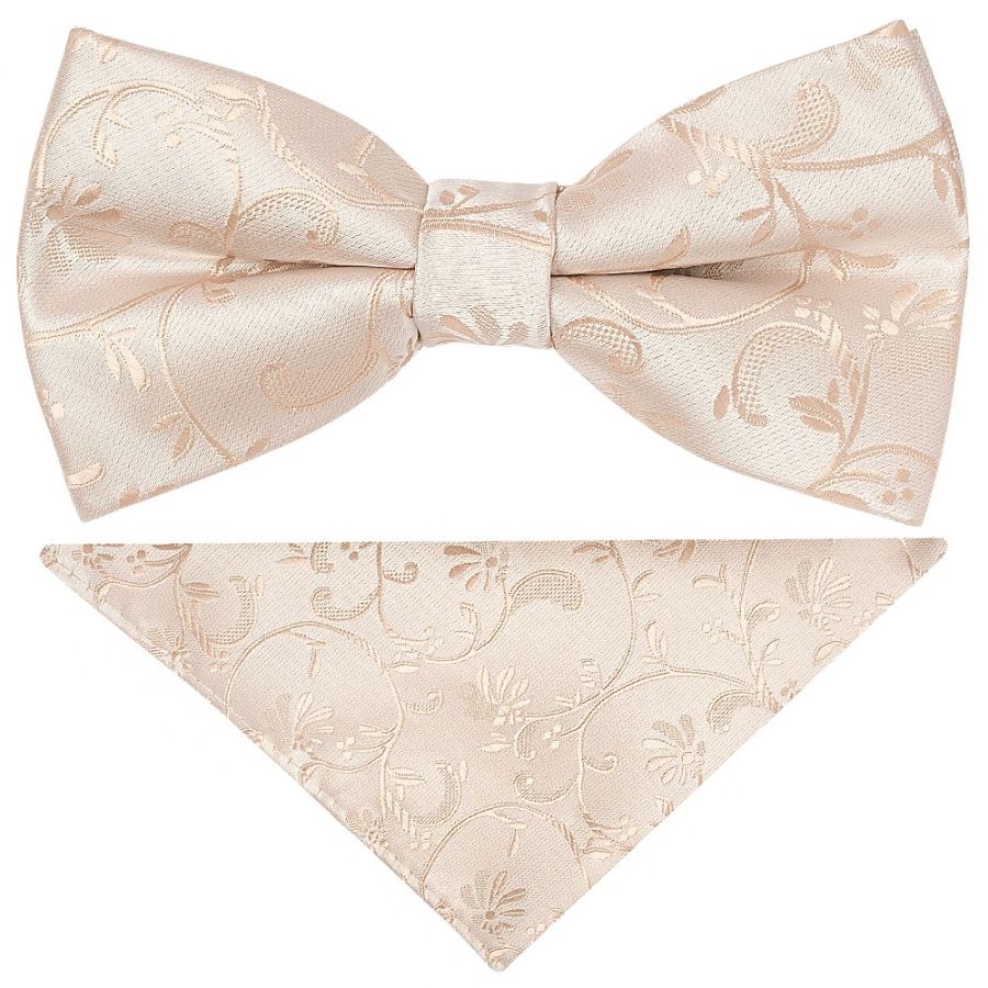 Pre Tied Nude Floral Boys Bow Tie and Pocket Square