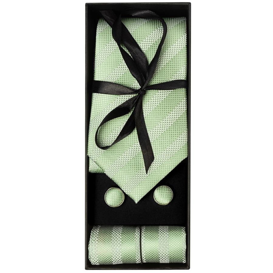 Mens Light Sage Textured Stripe Silk Classic Tie Pocket Square and Cufflinks Box Set
