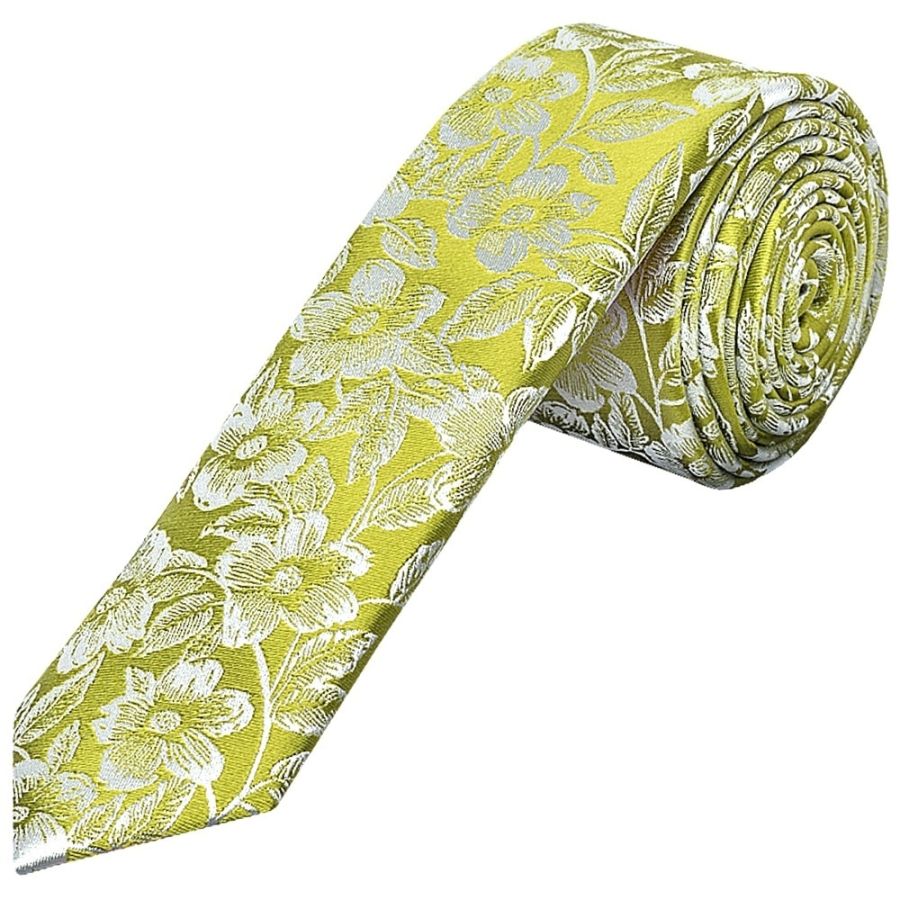 Mens Green Floral Silk Skinny Tie and Pocket Square