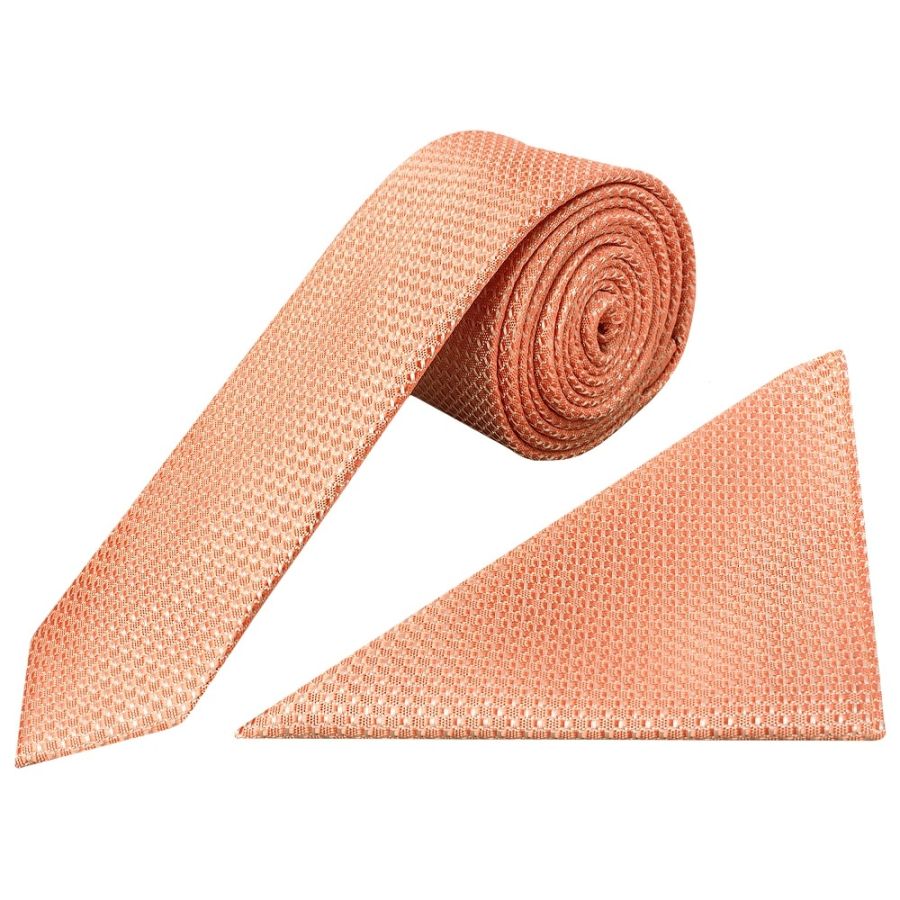Coral Textured Skinny Tie and Pocket Square Set