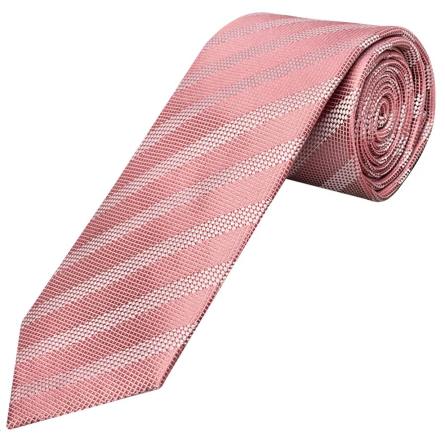 Mens Dusty Pink Textured Stripe Silk Classic Tie Pocket Square and Cufflinks Box Set