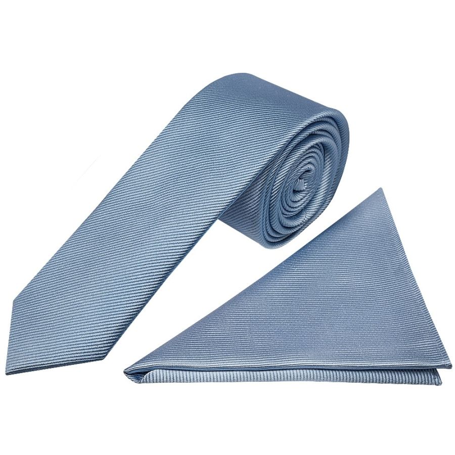 Light Blue Silk Twill Skinny Mens Tie and Pocket Square Set
