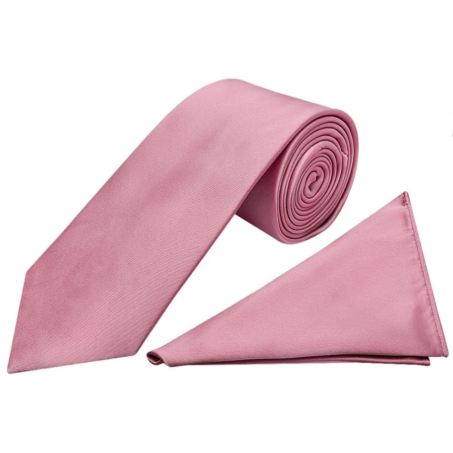 Plain Dusty Pink Satin Classic Men's Tie and Pocket Square Set