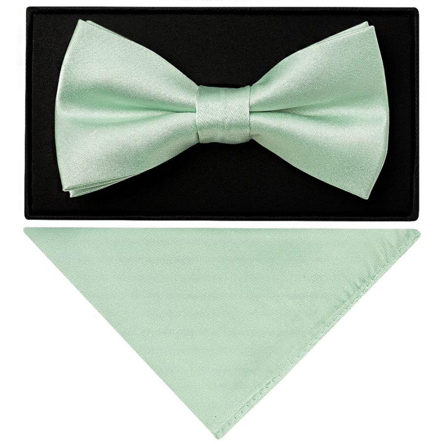 Plain Moss Green Satin Silk Mens Bow Tie and Pocket Square Set