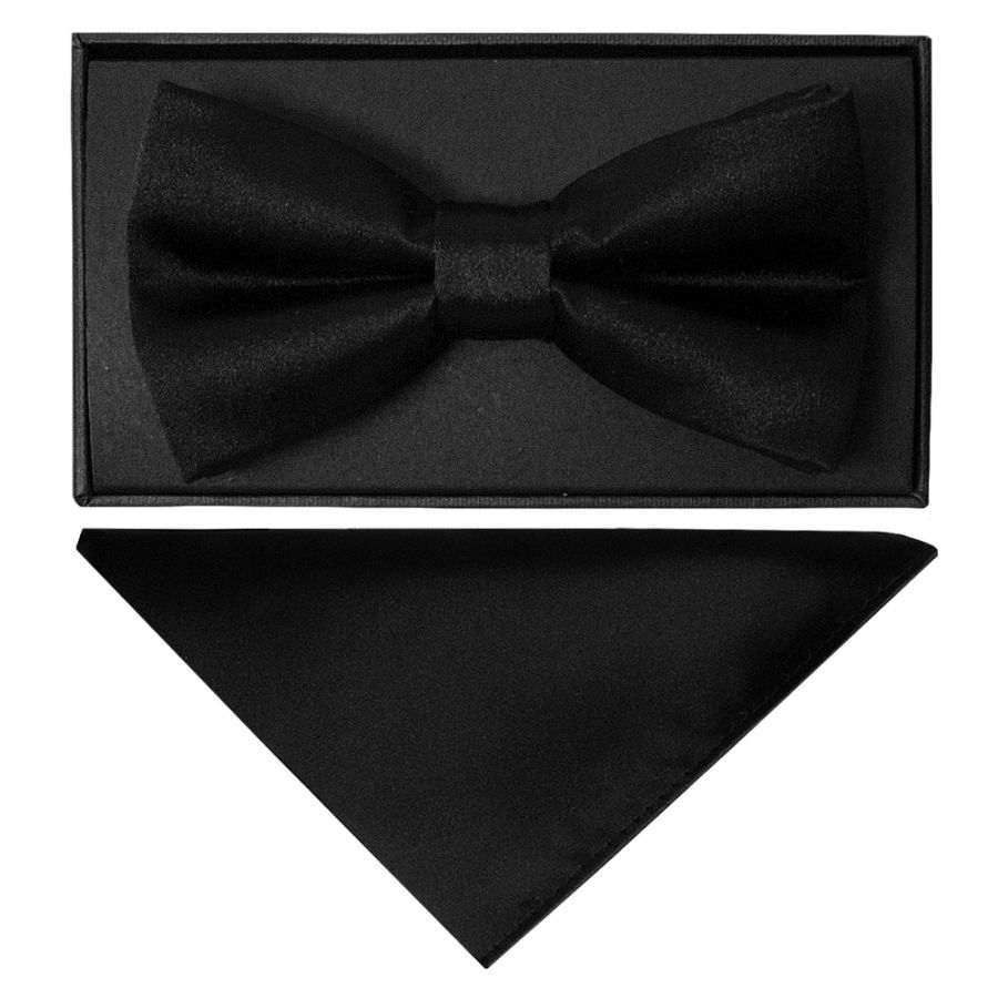 Plain Black Hand Made Mens Bow Tie and Pocket Square Set