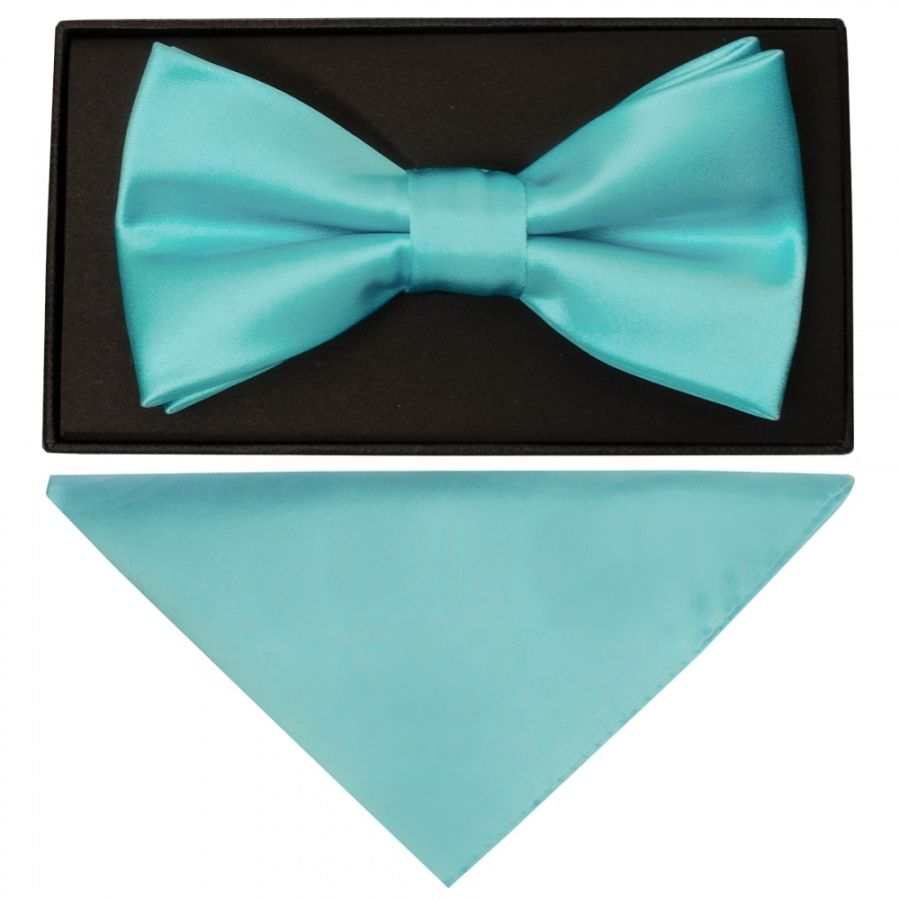 Plain Tiffany Blue Handmade Mens Bow Tie and Pocket Square Set