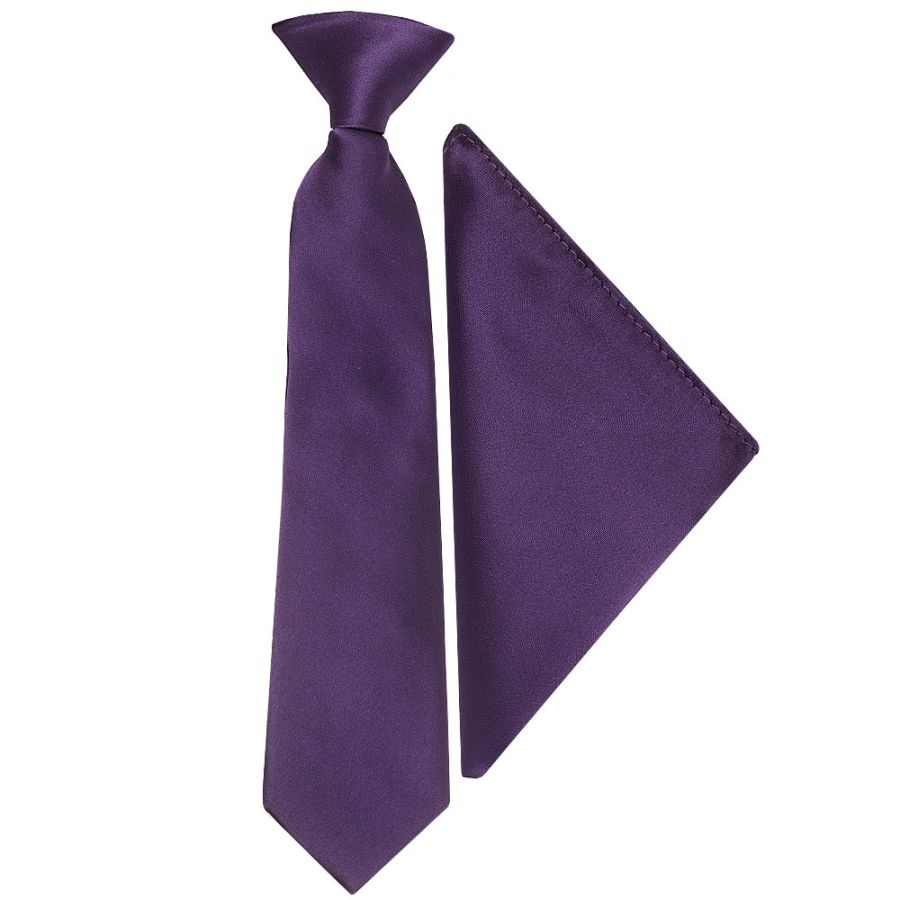 Pre Tied Purple Satin Boys Tie and Pocket Square Set Age 4-7