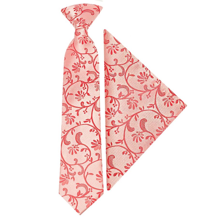 Pre Tied Coral Pink Floral Boys Tie and Pocket Square Set Age 4-7