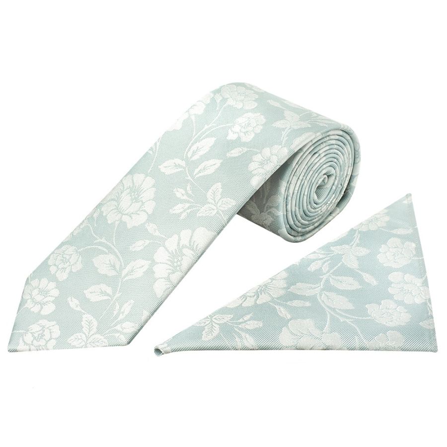 Duck Egg with White Floral Silk Classic Tie and Pocket Square Set