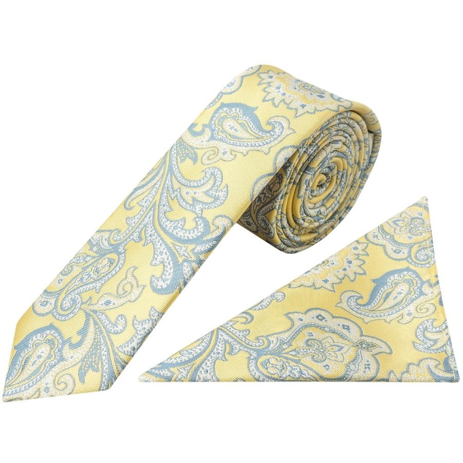 Yellow and Blue Paisley Skinny Mens Tie and Pocket Square Set