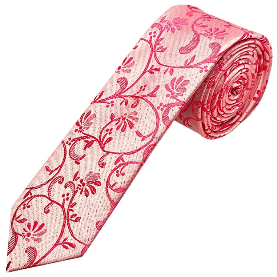 Light Coral Pink Floral Skinny Men's Tie