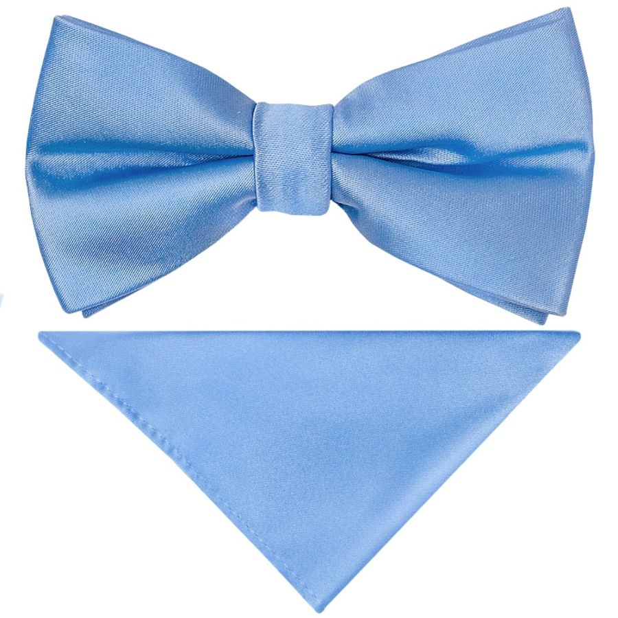 Pre Tied Plain Steel Blue Satin Boys Bow Tie and Pocket Square Set Age 8-11 