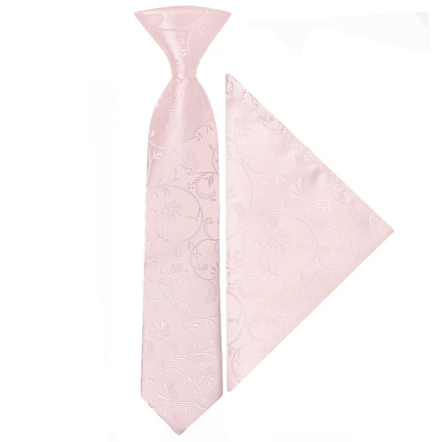 Pre Tied Blush Pink Floral Boys Tie and Pocket Square Set Age 4-7