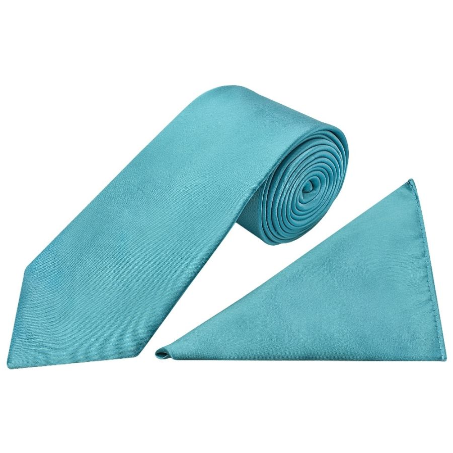 Plain Turquoise Satin Classic Men's Tie and Pocket Square Set