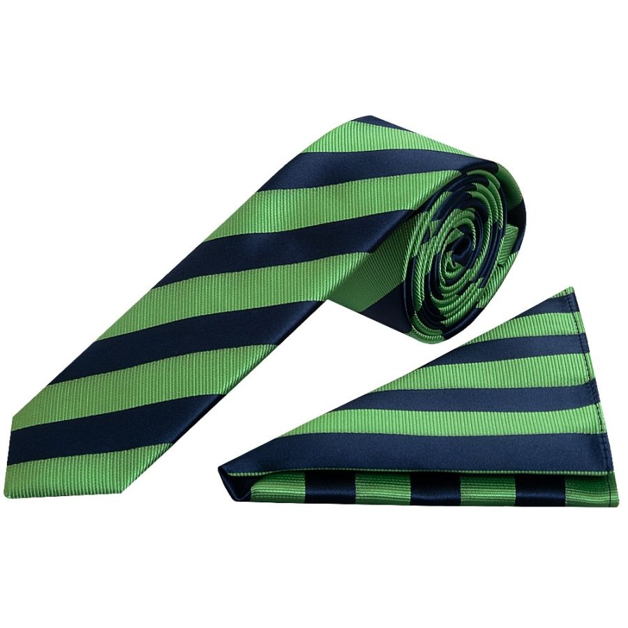 Navy and Lime Striped Skinny Men's Tie and Pocket Square Set