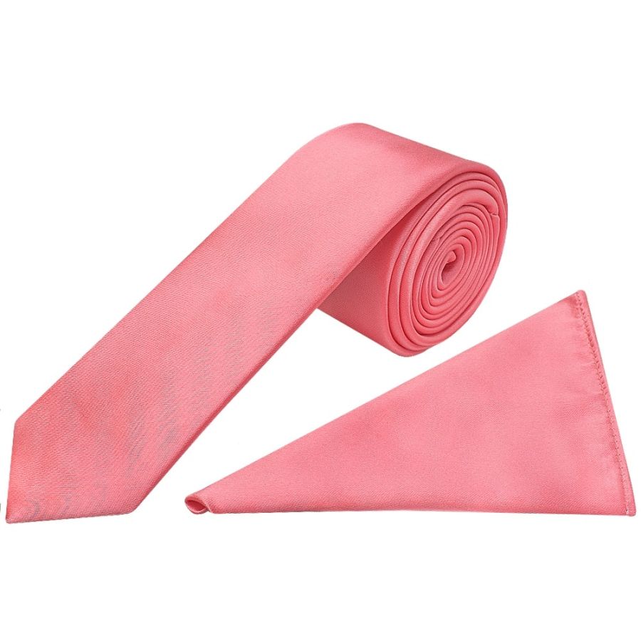 Plain Light Coral Pink Satin Skinny Boys Tie and Pocket Square Set