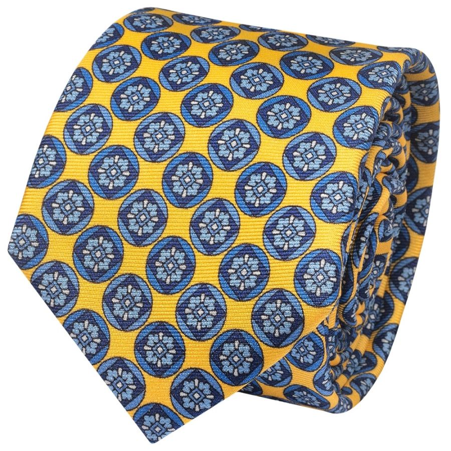 Yellow with Blue Geo Silk Skinny Men's Tie