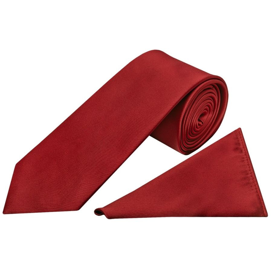 Plain Red Wine Satin Classic Men's Tie Pocket Square Set
