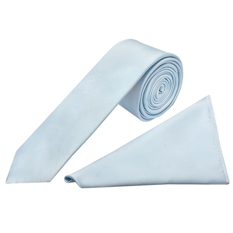 Plain Misty Blue Boys Satin Skinny Tie and Pocket Square Set