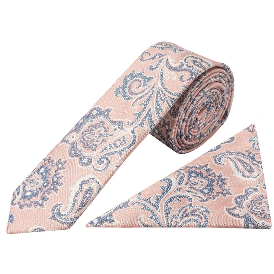 Pink and Blue Paisley Skinny Mens Tie and Pocket Square Set