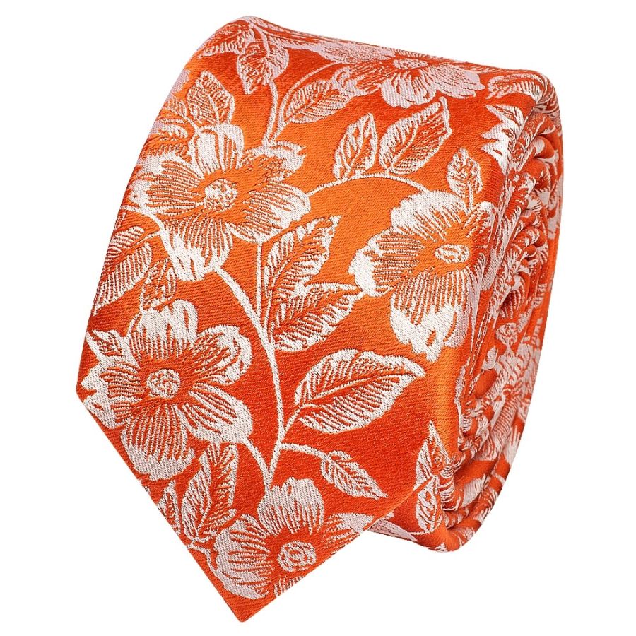 Mens Orange Floral Silk Skinny Tie