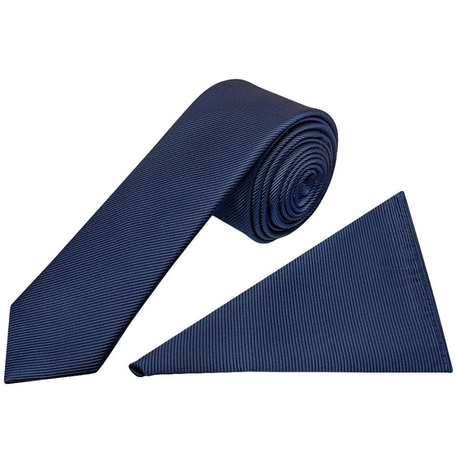 French Navy Silk Twill Skinny Mens Tie and Pocket Square Set