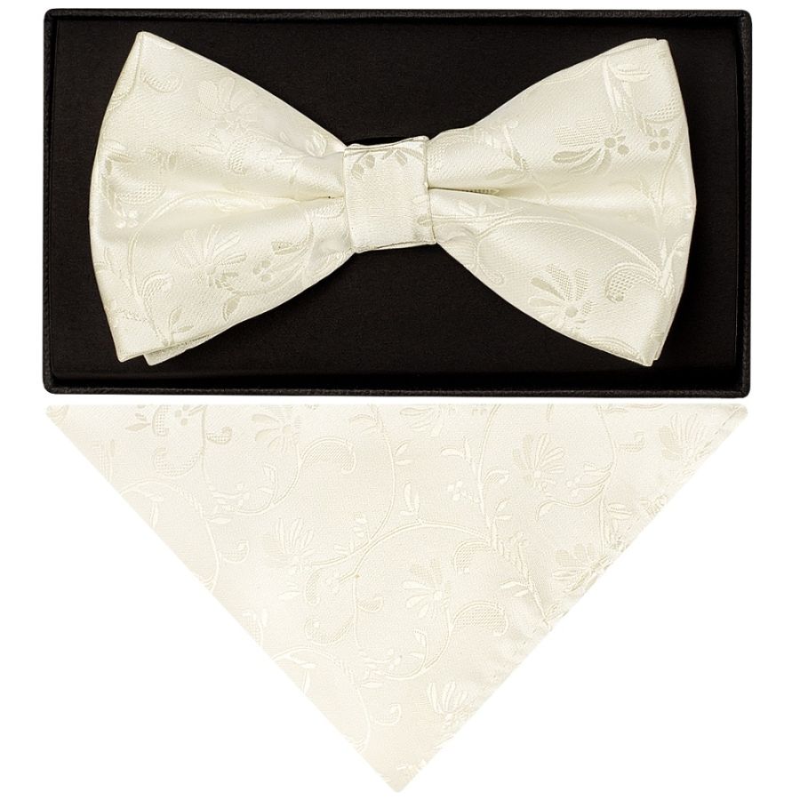Ivory Floral Handmade Mens Bow Tie and Pocket Square Set