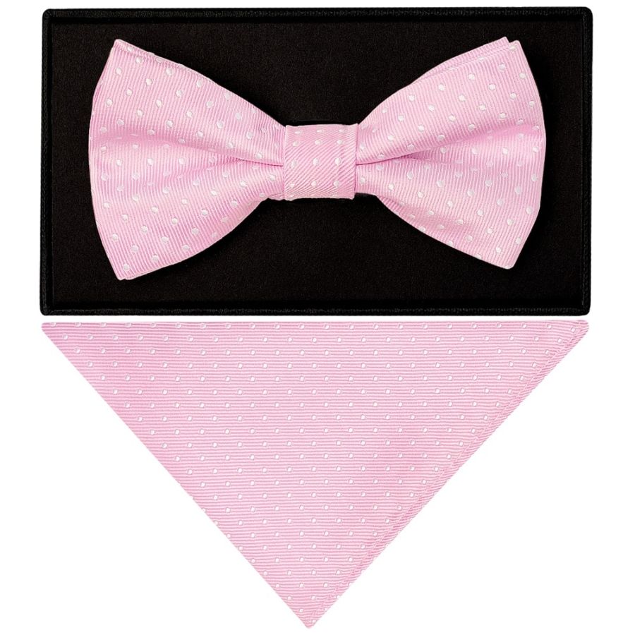 Handmade Pink And White Polka Dot Mens Bow Tie and Pocket Square Set