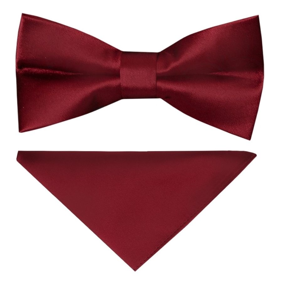 Pre Tied Maroon Satin Boys Bow Tie and Pocket Square Set Age 4-7