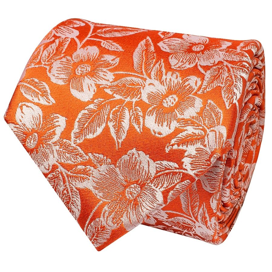 Mens Orange Floral Silk Classic Tie