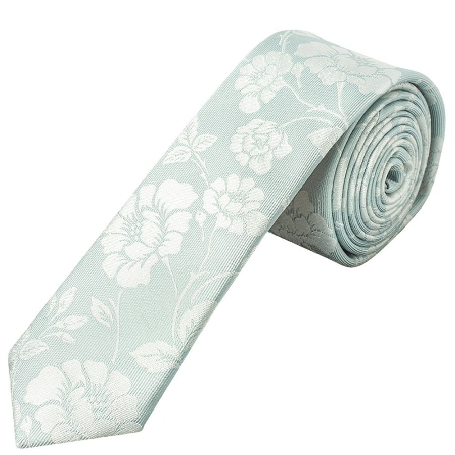 Duck Egg with White Floral Silk Skinny Tie and Pocket Square Set