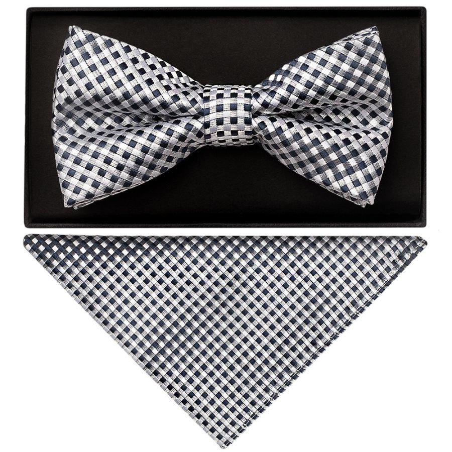 Silver Diamond Neat Mens Bow Tie and Pocket Square Set